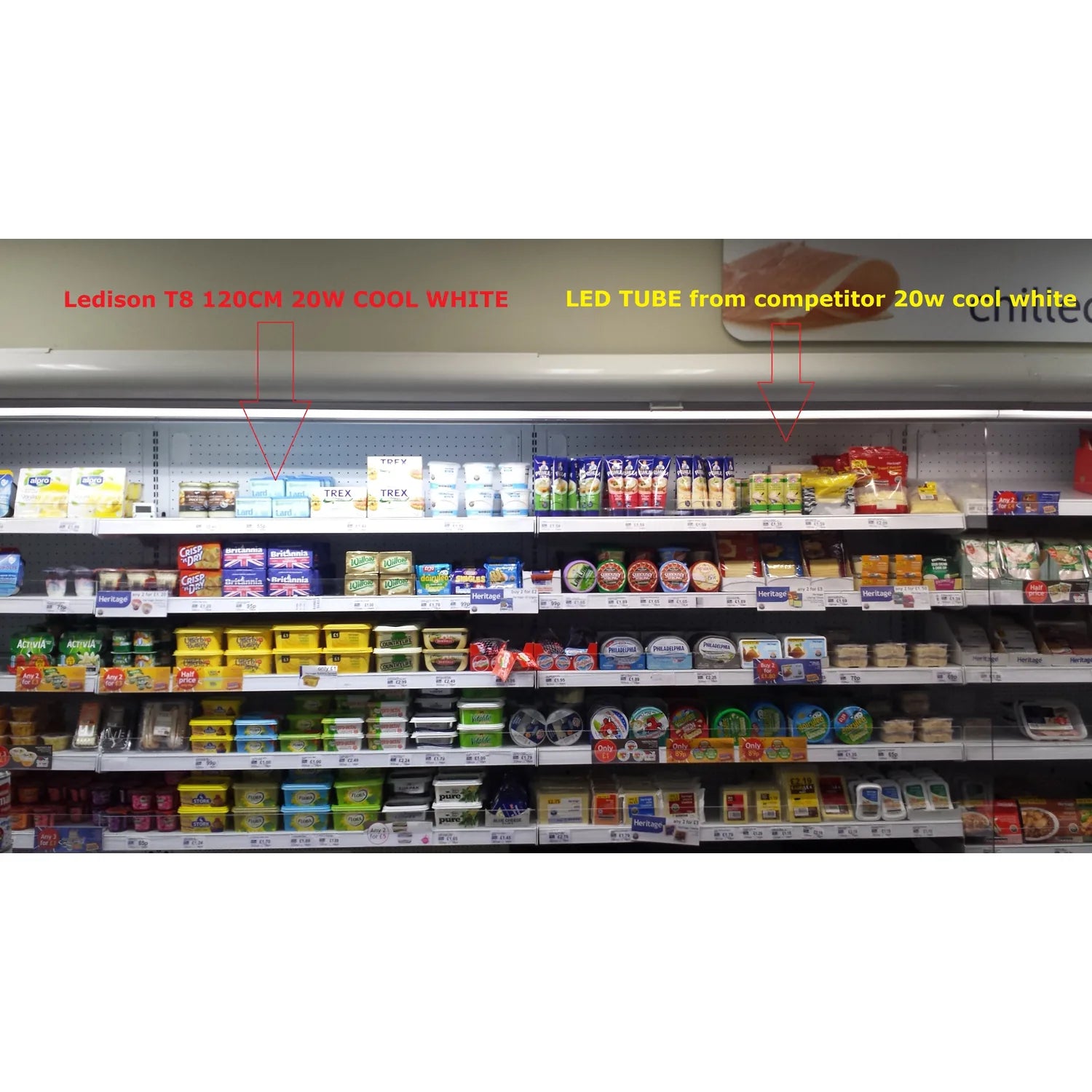 Ledison T8 LED tube light installed above refrigerated supermarket shelf, compared side-by-side with competitor cool white tu