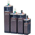 Four Hoppecke OPzS flooded lead acid battery cells in decreasing heights, showing terminal configuration and specifications l