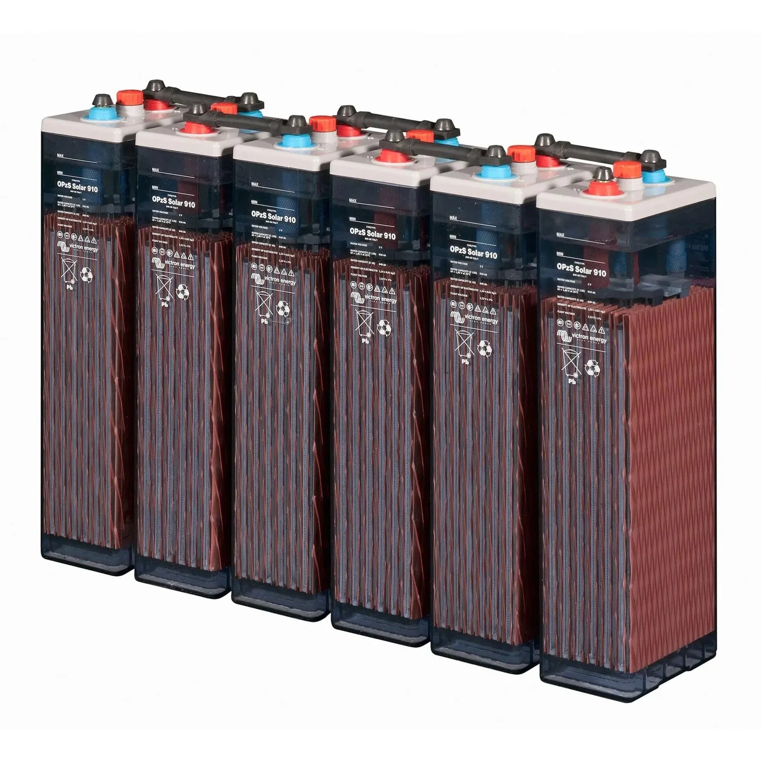 Six Hoppecke OPzS Solar 910 flooded lead acid battery cells arranged in a row, showing tall reddish-brown cases with blue top