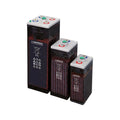 Three Hoppecke OPzS lead acid battery units in descending heights, each with white control panels featuring colored indicator