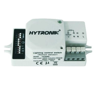 Hytronik HC009S lighting control switch with motion sensor, white rectangular device with terminal connections and indicator 