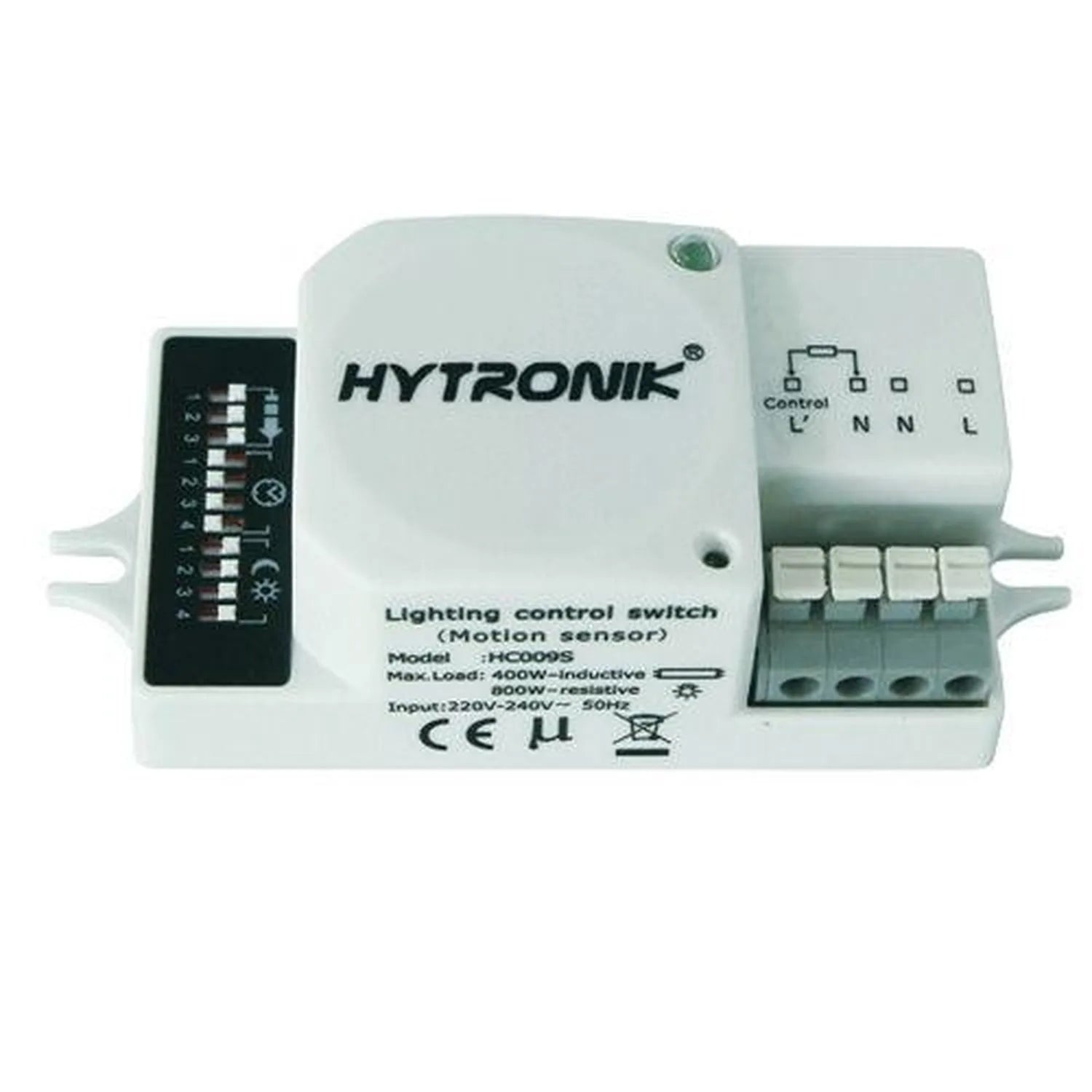 Hytronik HC009S lighting control switch with motion sensor, white rectangular device with terminal connections and indicator 