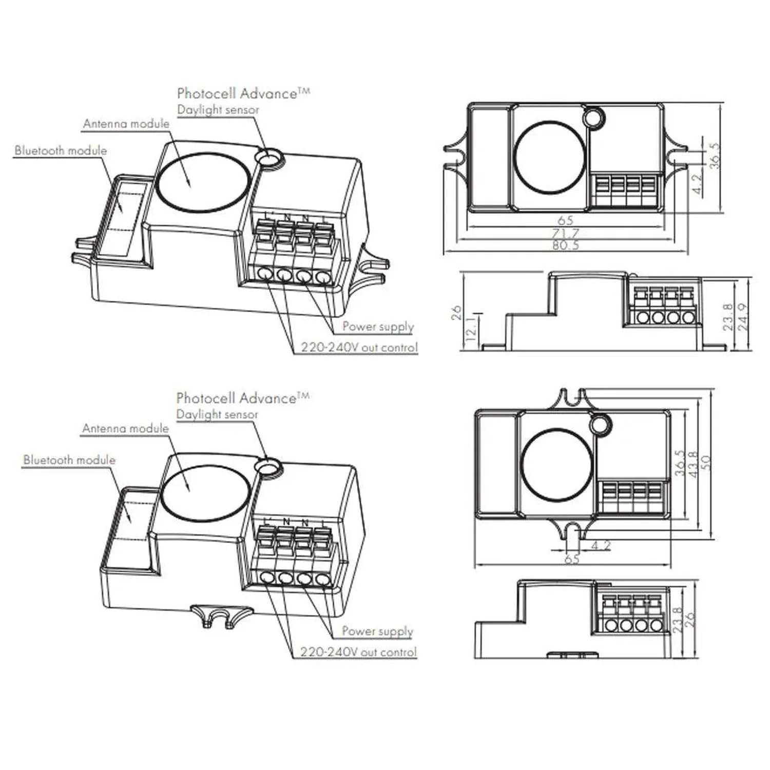 Photocell Advance daylight sensor technical schematic showing isometric and dimensional views with antenna module, Bluetooth 