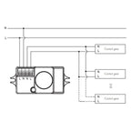 Wiring diagram showing microwave motion sensor connected to N and L power lines with multiple control gear units in parallel 