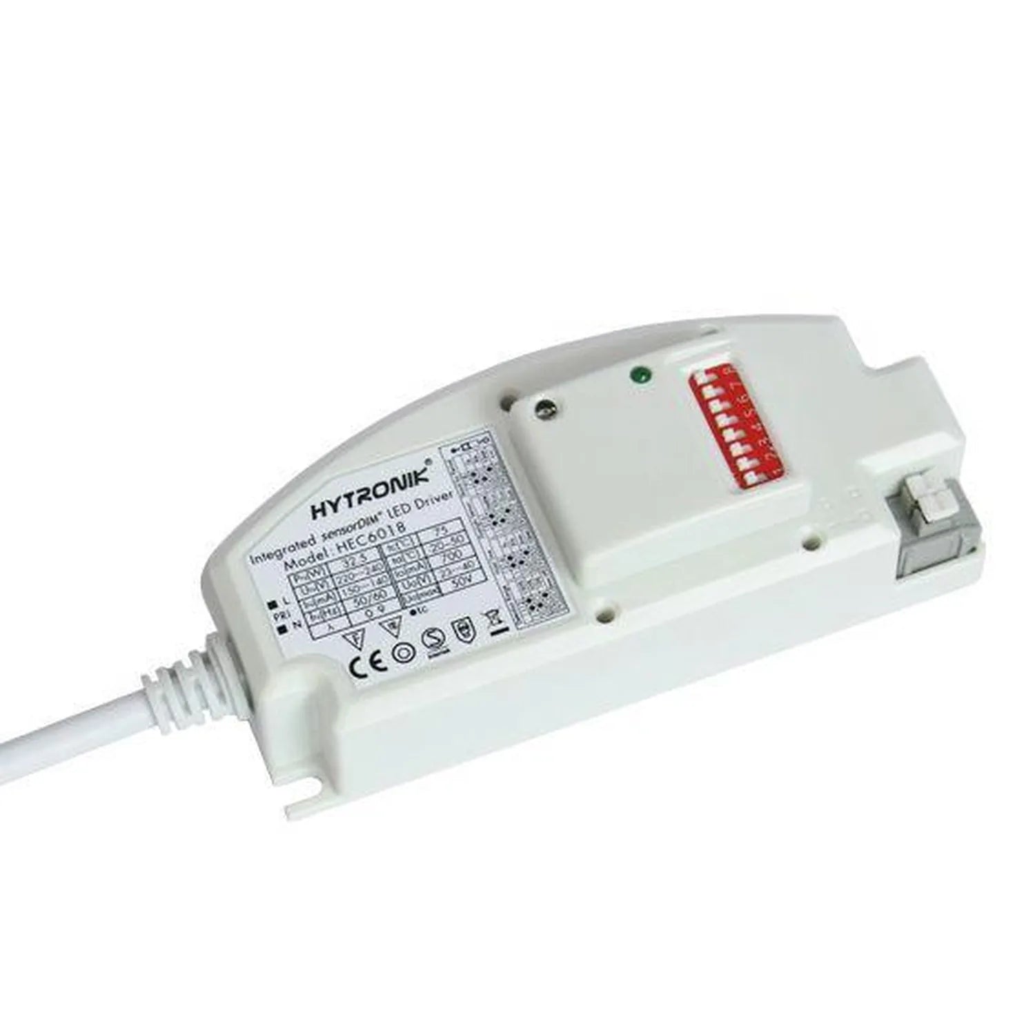 Hytronik HEC6018 LED driver with microwave motion sensor, white rectangular control unit with red terminal block and power co