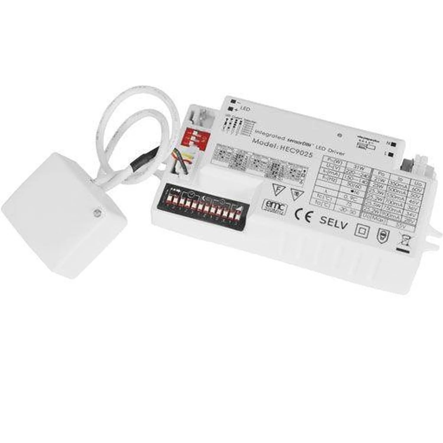 White rectangular LED driver unit with attached microwave sensor and white cable, showing circuit board and terminal connecti
