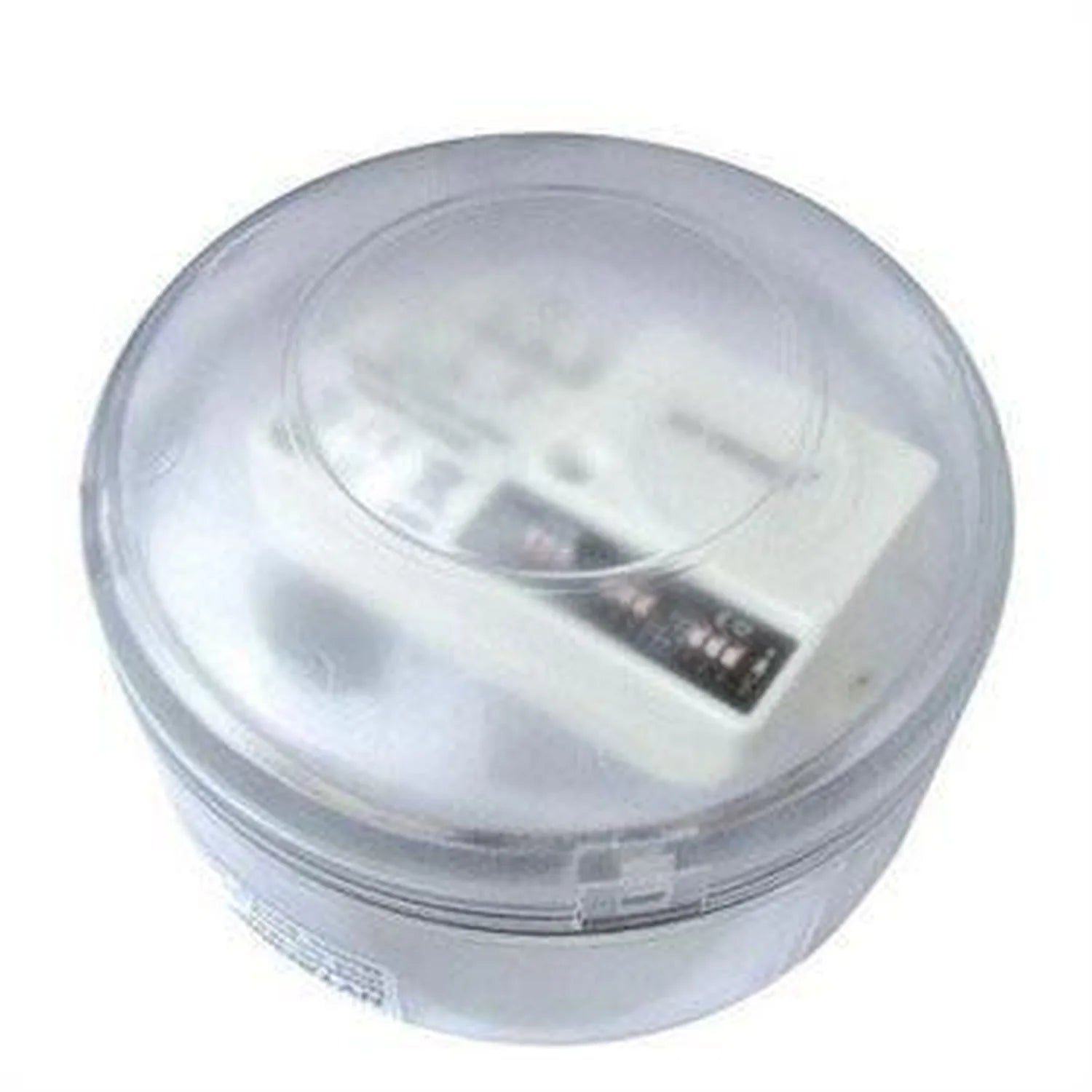 Clear round plastic enclosure box with white mounting bracket and sensor component visible inside, top view.