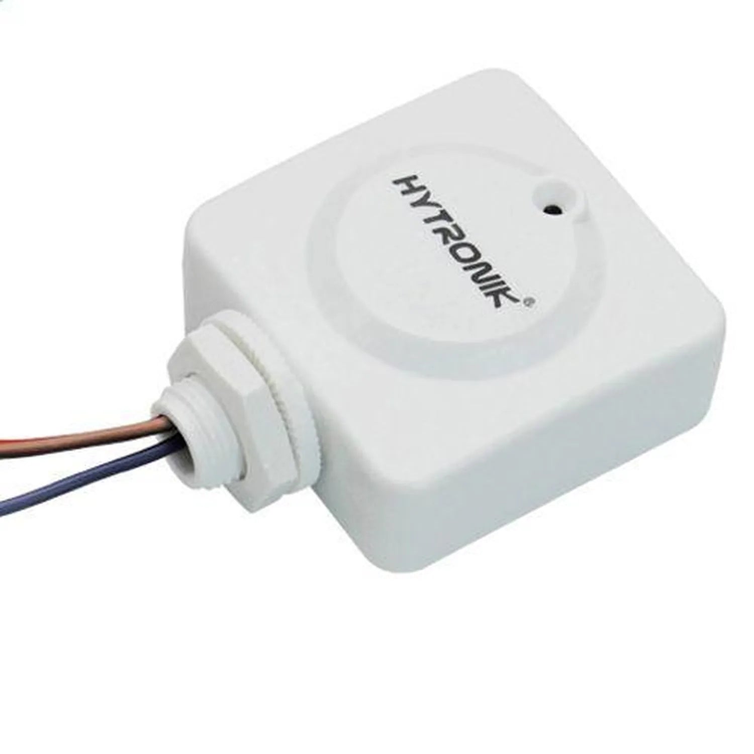 Hytronik white square motion sensor with circular lens and attached electrical wires, product shot on white background.