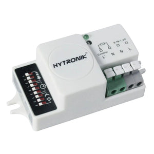 Hytronik microwave motion sensor switch with white plastic housing, green terminal connectors, indicator light, and black con