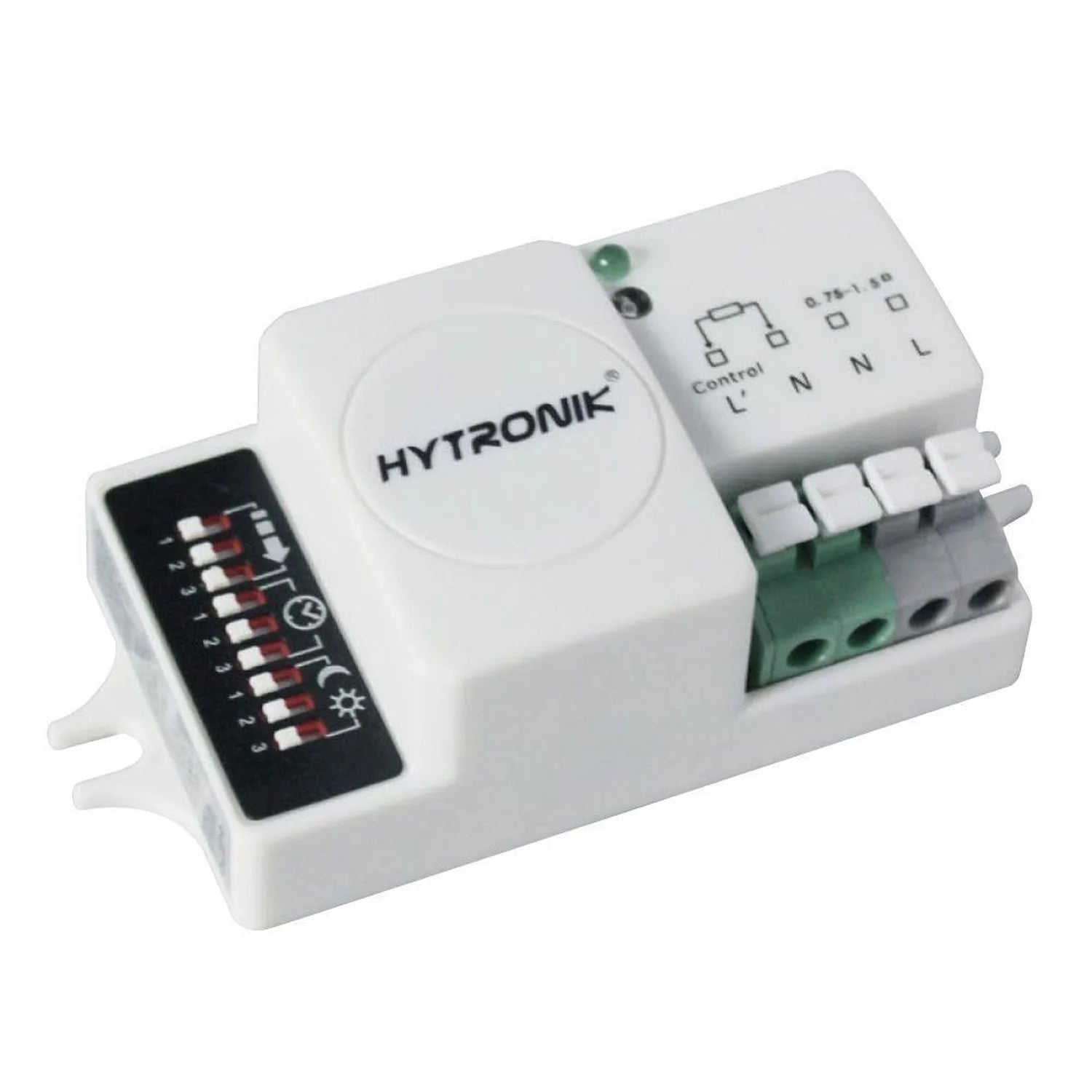 Hytronik microwave motion sensor switch with white plastic housing, green terminal connectors, indicator light, and black con