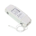 White rectangular microwave sensor device with label and attached white cable, product alone against white background.