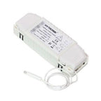 White rectangular microwave sensor device with label and attached white cable, product alone against white background.