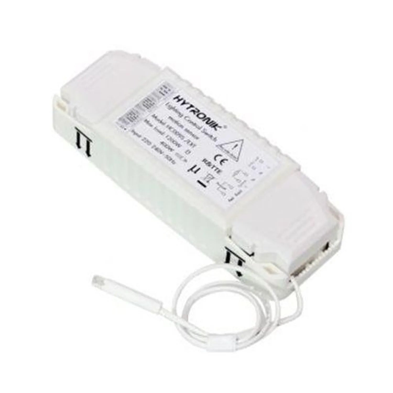 White rectangular microwave sensor device with label and attached white cable, product alone against white background.