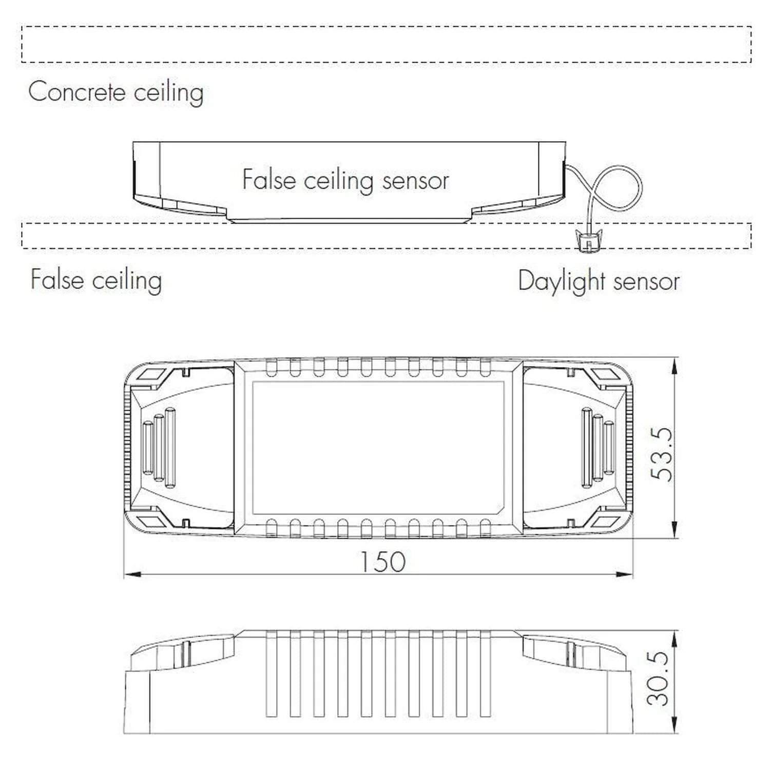 Technical dimension diagram of rectangular microwave sensor showing top and side views with measurements of 150 by 53.5 milli