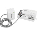 Hytronik microwave motion sensor with white detached antenna unit connected by gray cable to white control module with termin