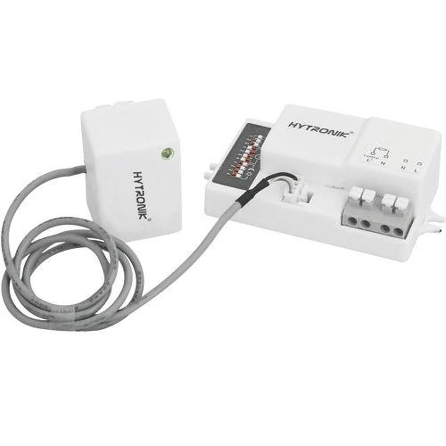 Hytronik microwave motion sensor with white detached antenna unit connected by gray cable to white control module with termin