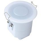 White cylindrical ceiling-mounted motion sensor with dome top and metal mounting brackets on sides, product alone on white ba