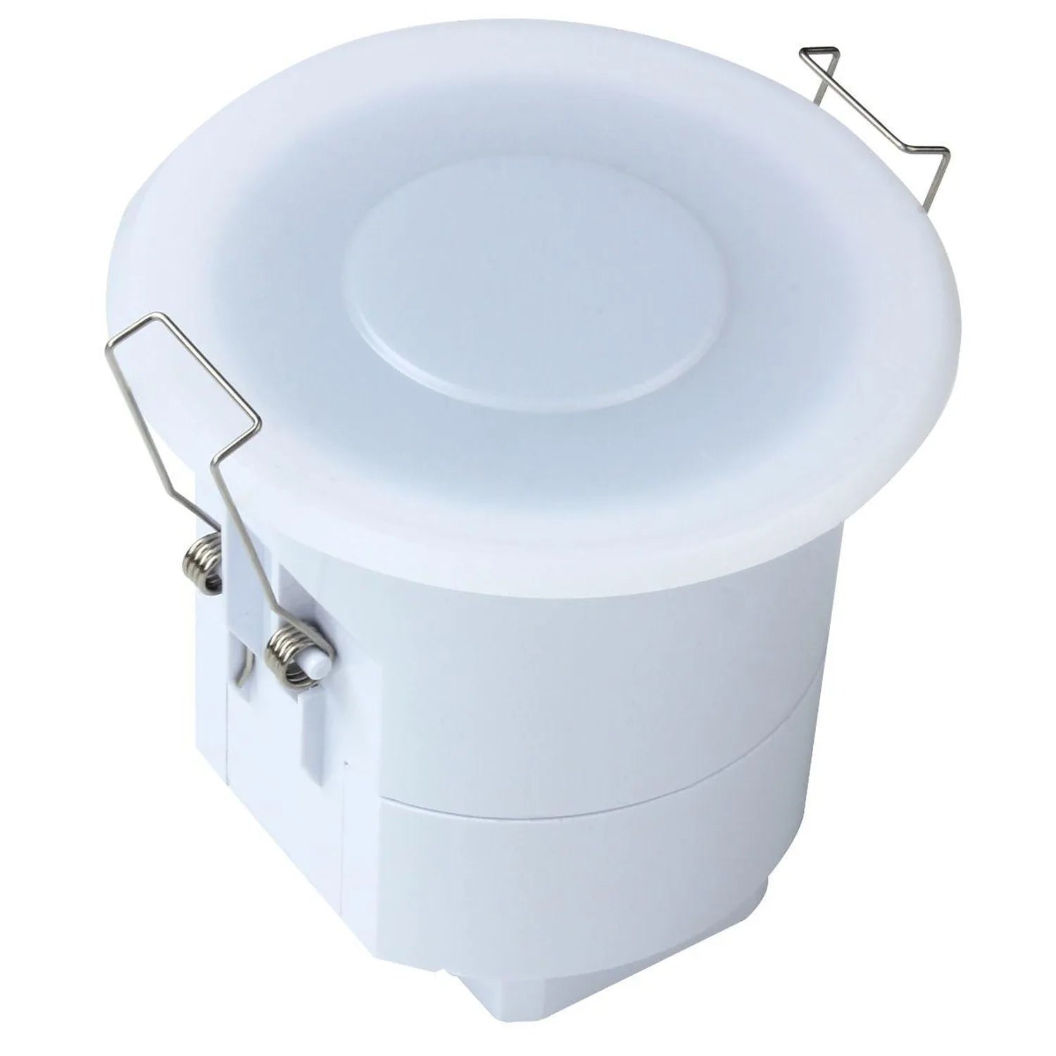 White cylindrical ceiling-mounted motion sensor with dome top and metal mounting brackets on sides, product alone on white ba