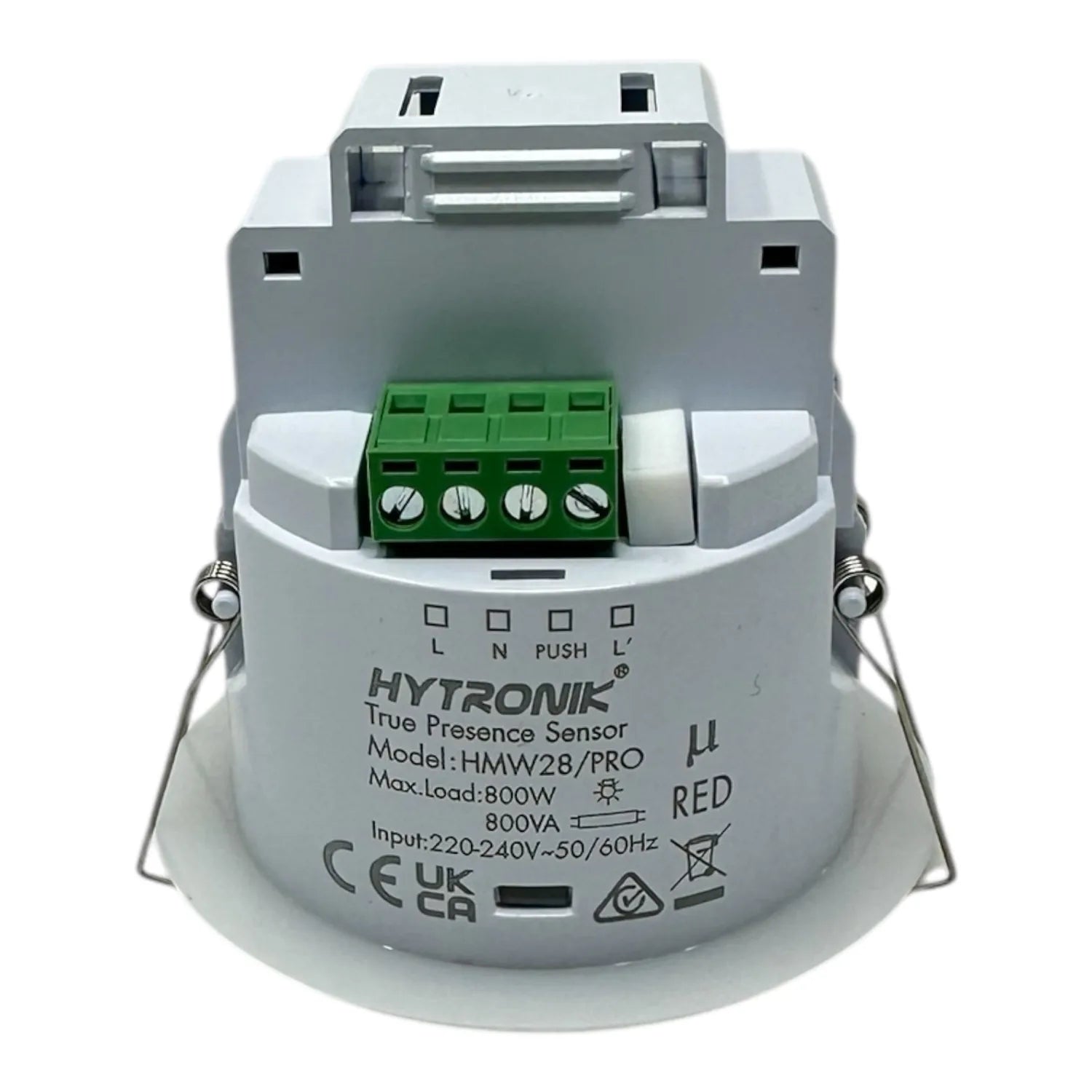 Hytronik HMW28/PRO ceiling-mounted motion sensor switch with green terminal block, showing 800W max load rating and CE certif