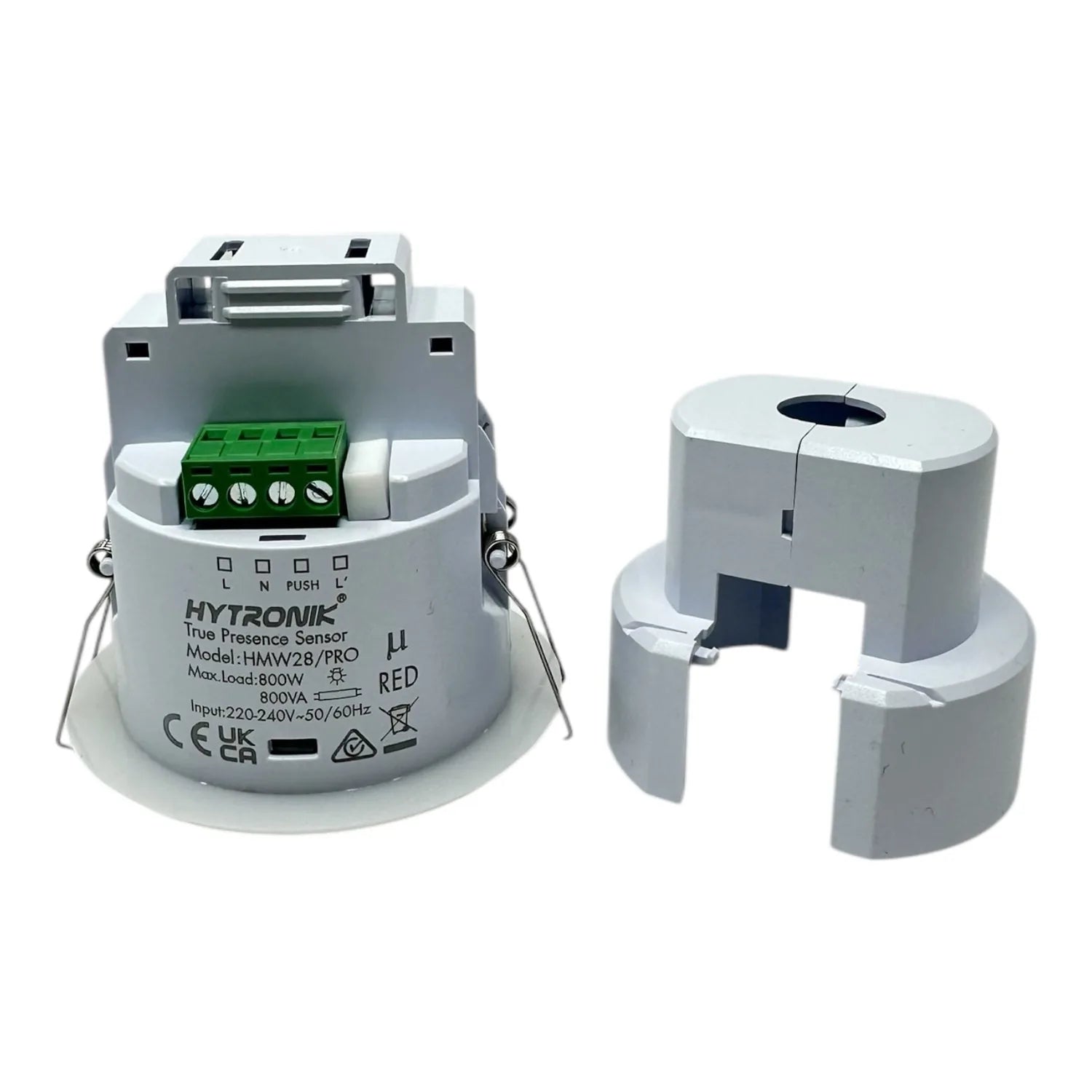 Hytronik HMW28 microwave motion sensor ceiling switch shown disassembled, displaying internal wiring terminal and external cy