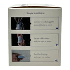Packaging back panel showing three-step simple installation instructions for a ceiling motion sensor with photos and text.