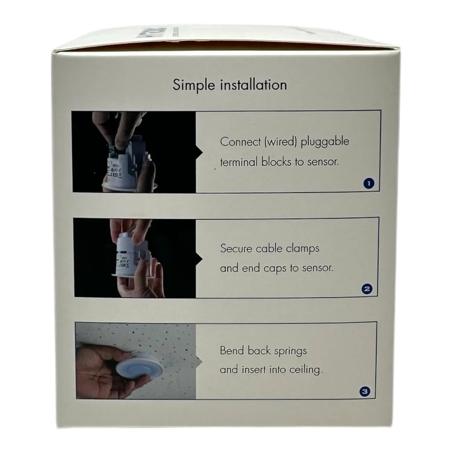Packaging back panel showing three-step simple installation instructions for a ceiling motion sensor with photos and text.