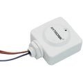 White square motion sensor with Hytronik branding, showing attached red, blue, and brown electrical wires exiting through cab