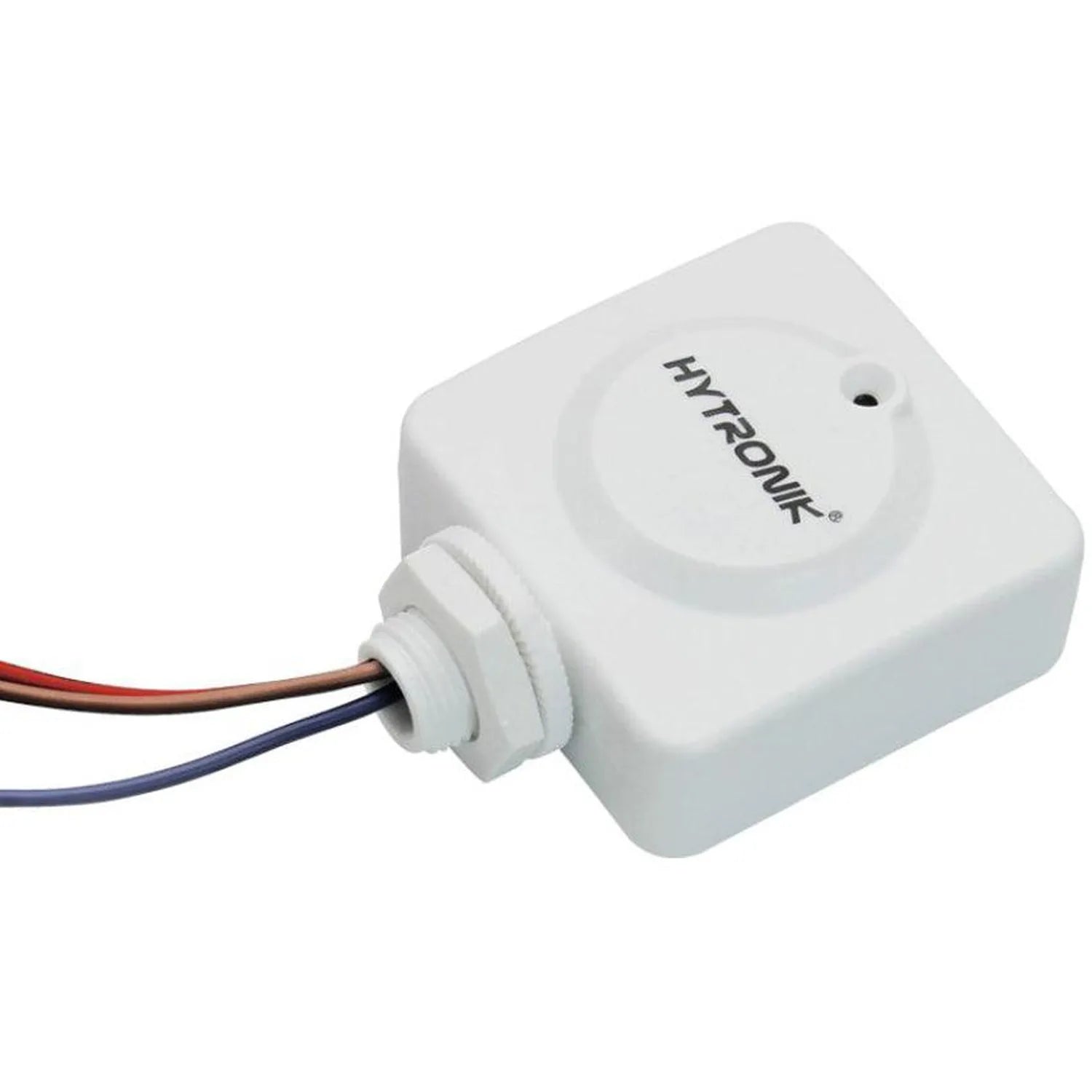 White square motion sensor with Hytronik branding, showing attached red, blue, and brown electrical wires exiting through cab