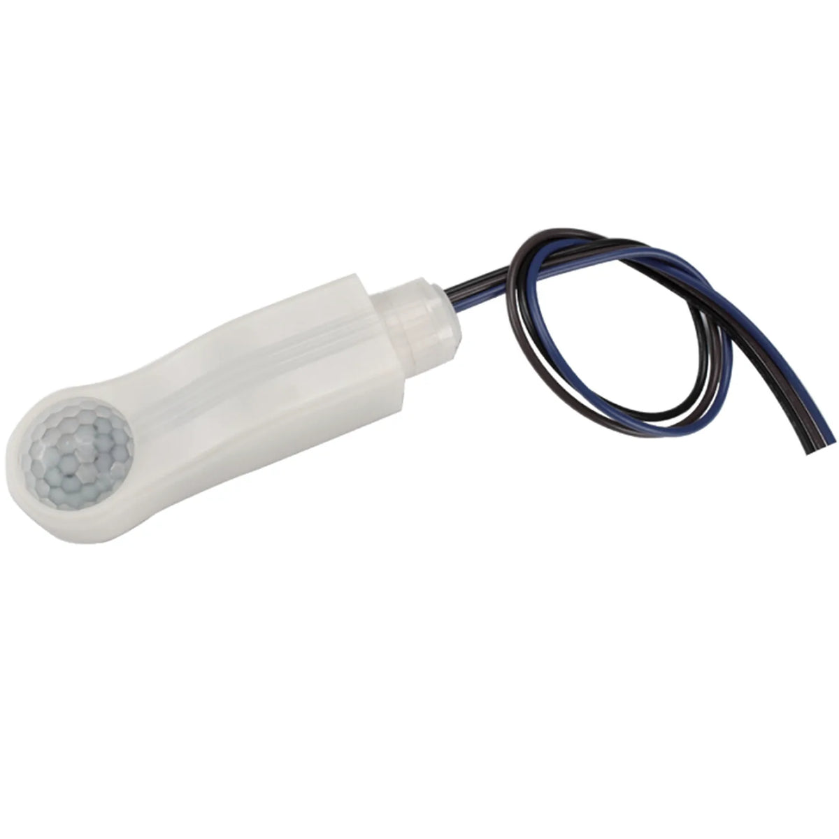 White cylindrical microwave motion sensor with attached black and blue wires, product displayed against plain background.