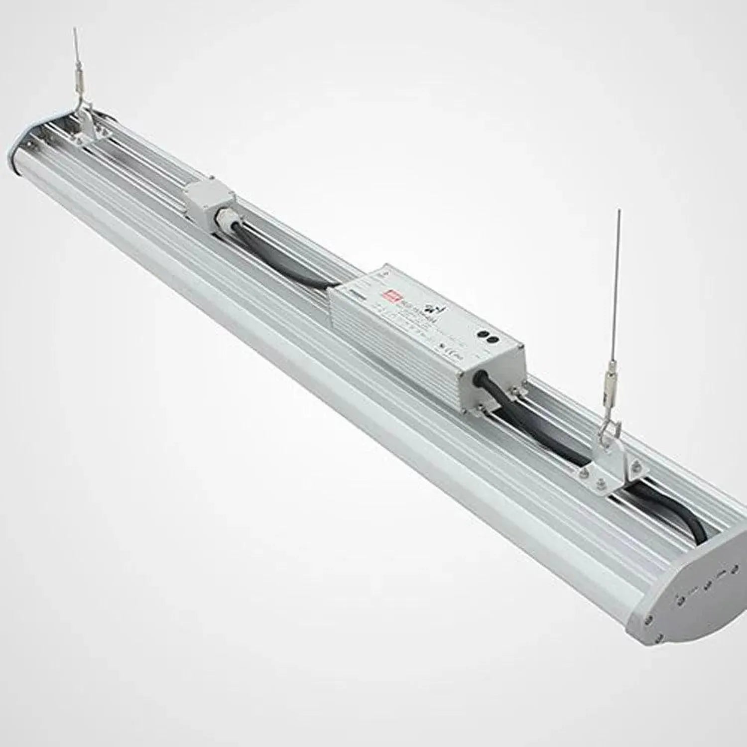 Linear LED high bay light fixture with aluminum housing, control module, and mounting hardware shown against white background