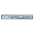 Rear view of LED linear high bay light showing aluminum housing, internal wiring, and power supply module with technical spec