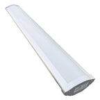 White linear LED high bay light fixture angled against white background, showing elongated design with rounded ends and mount