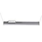 Linear LED high bay light fixture with aluminum housing and control unit, suspended by two cables against white background.
