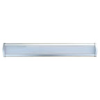 Silver linear LED high bay light fixture with frosted diffuser, horizontal orientation against white background.
