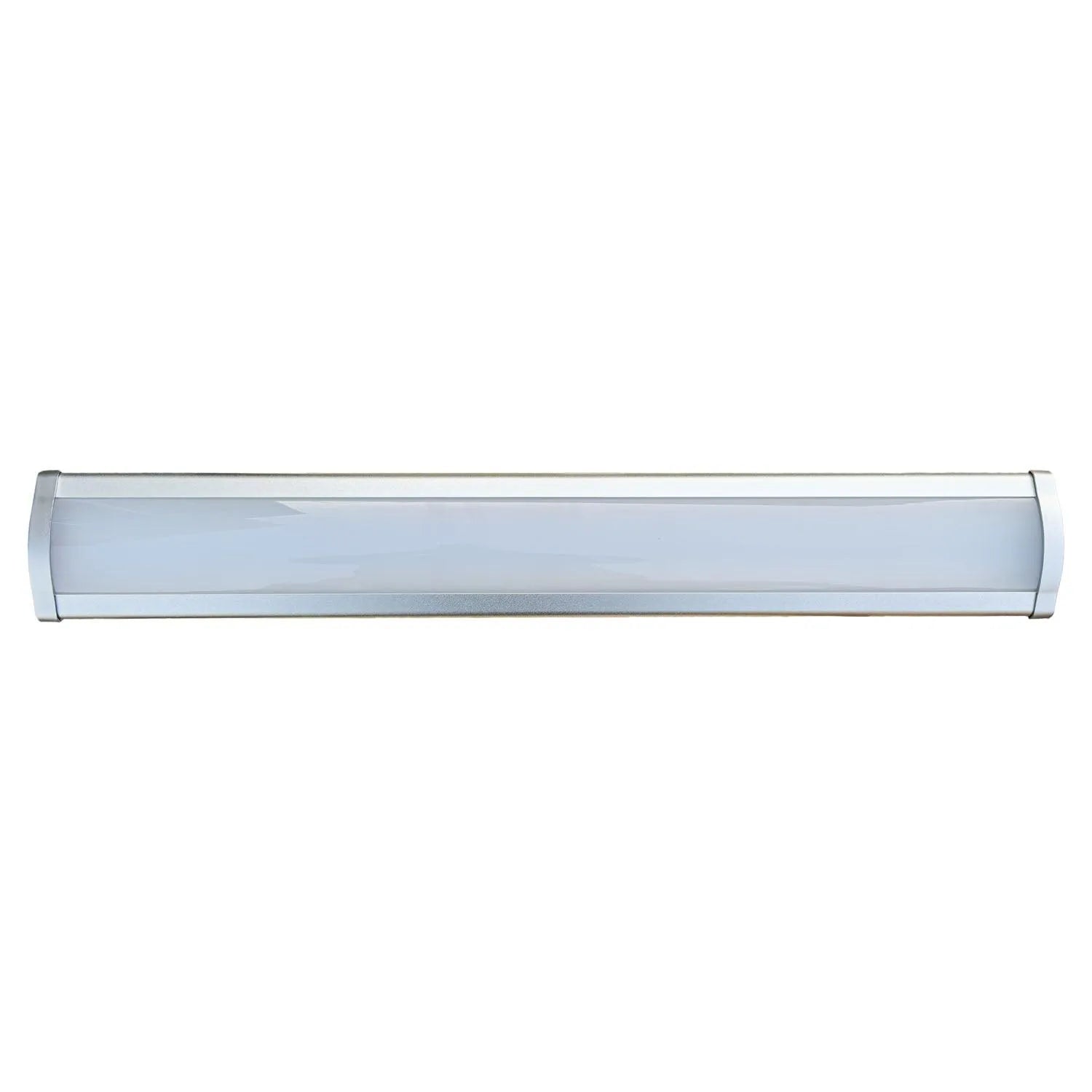 Silver linear LED high bay light fixture with frosted diffuser, horizontal orientation against white background.