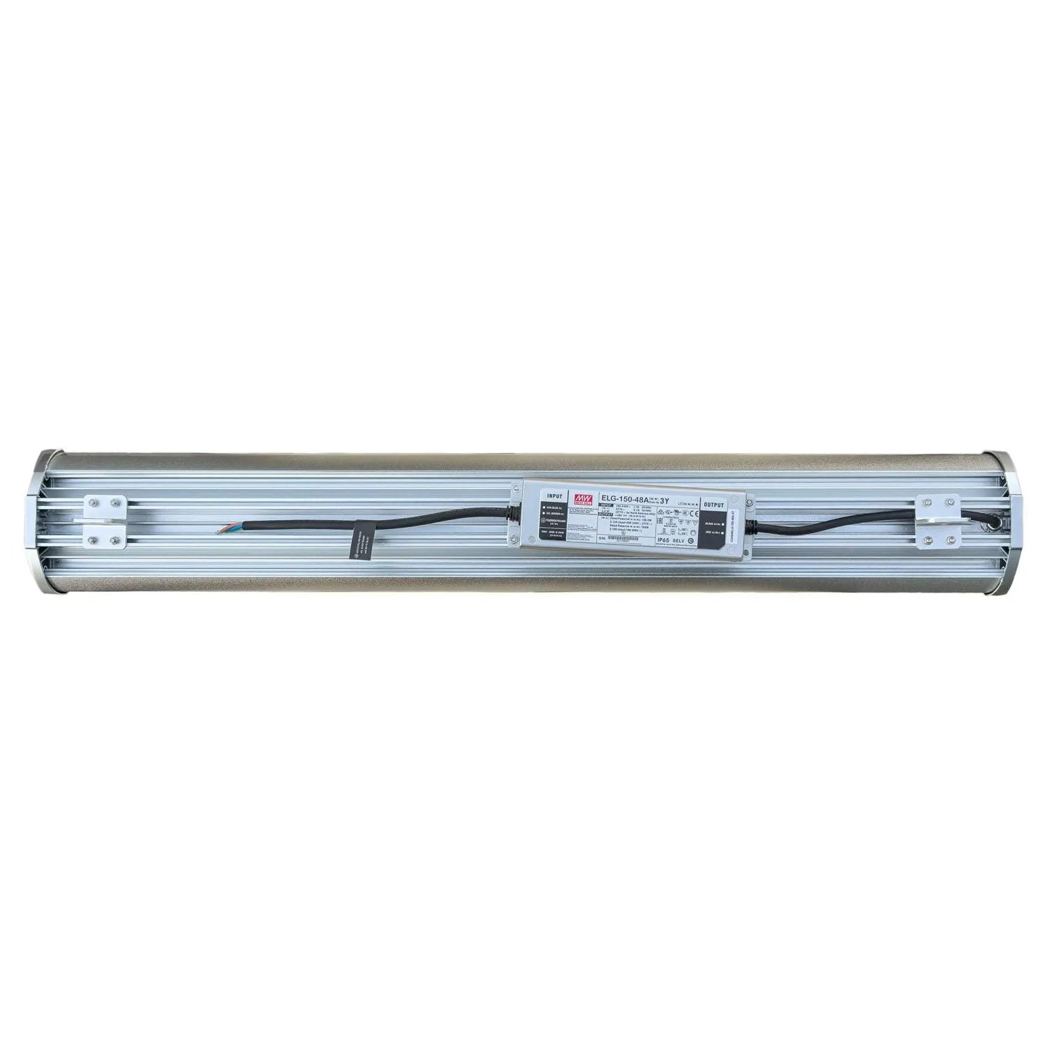 Rear view of aluminum linear high bay light fixture with power supply and wiring visible