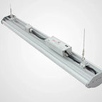 Linear LED high bay light fixture with aluminum housing, control module, and hanging cables against white background.