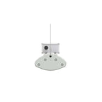 Top-down view of LED high bay fixture showing rectangular control box with antenna and dome-shaped mounting base with four sc