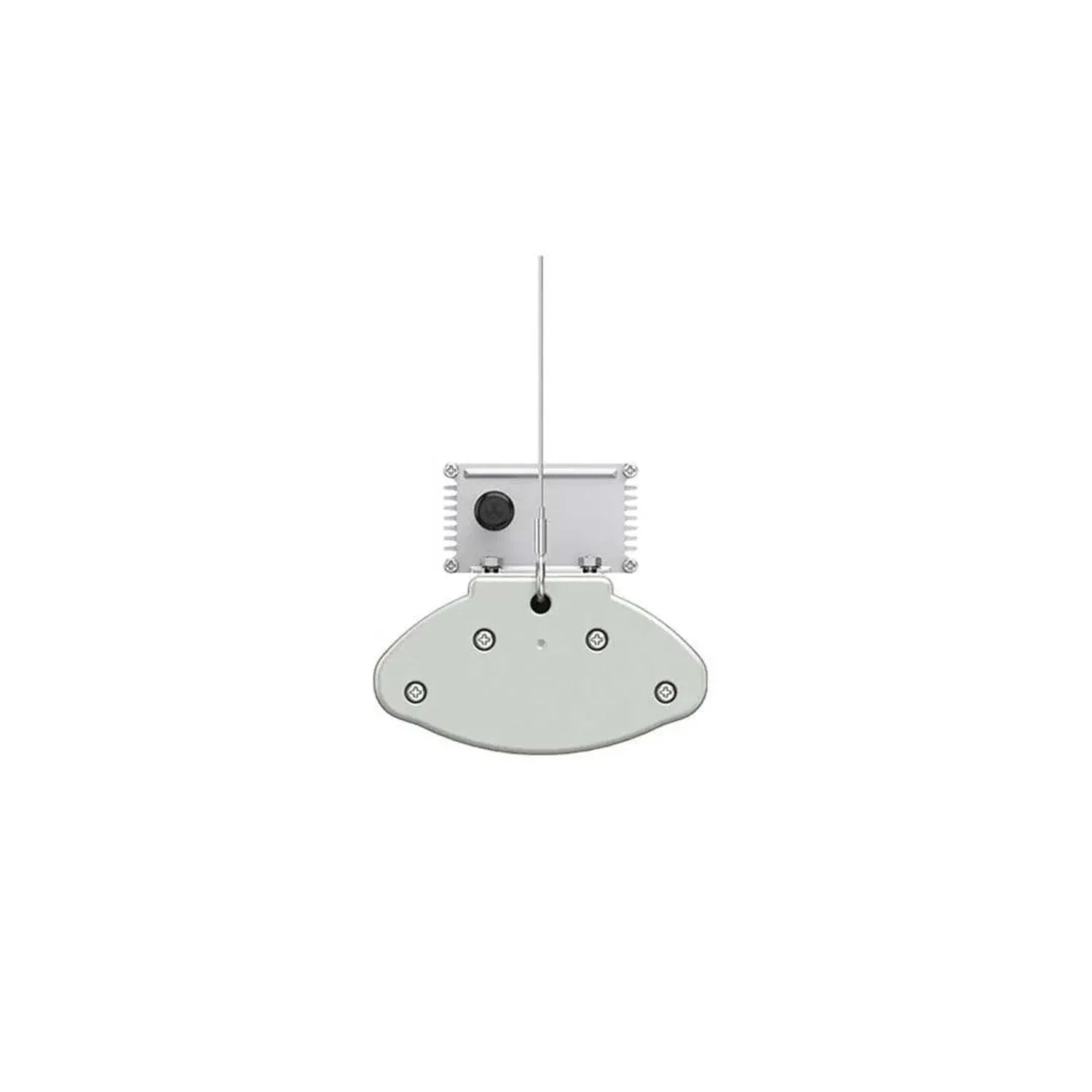 Top-down view of LED high bay fixture showing rectangular control box with antenna and dome-shaped mounting base with four sc