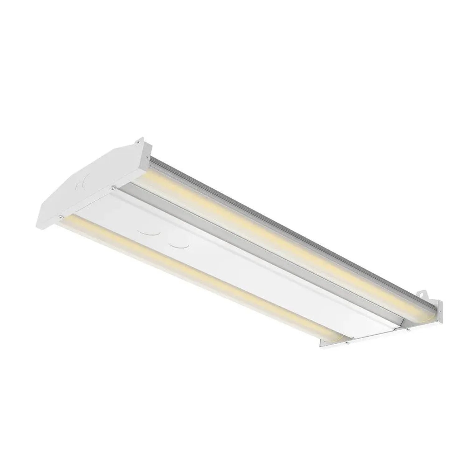 White linear LED high bay light fixture with dual lamp channels and warm light output, shown at angle against white backgroun