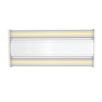 Top-down view of white rectangular LED high bay light fixture with two illuminated linear strips and central diffuser panel.