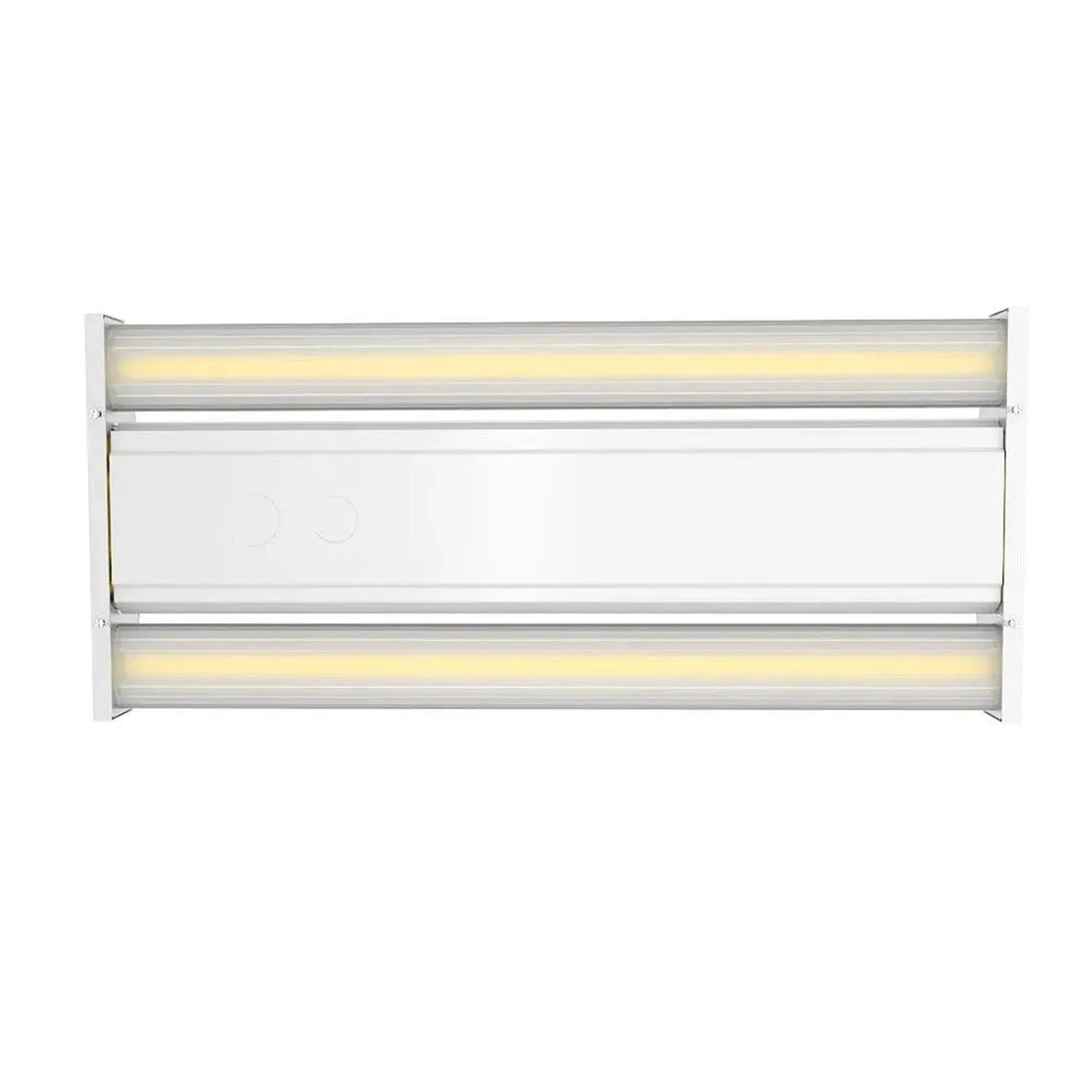 Top-down view of white rectangular LED high bay light fixture with two illuminated linear strips and central diffuser panel.
