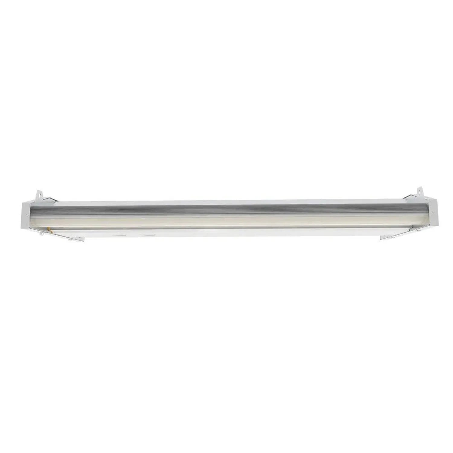 Silver linear LED high bay light fixture with mounting brackets, front view against white background.