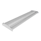 Linear LED high bay light fixture with white housing and aluminum reflector, angled product view on white background.