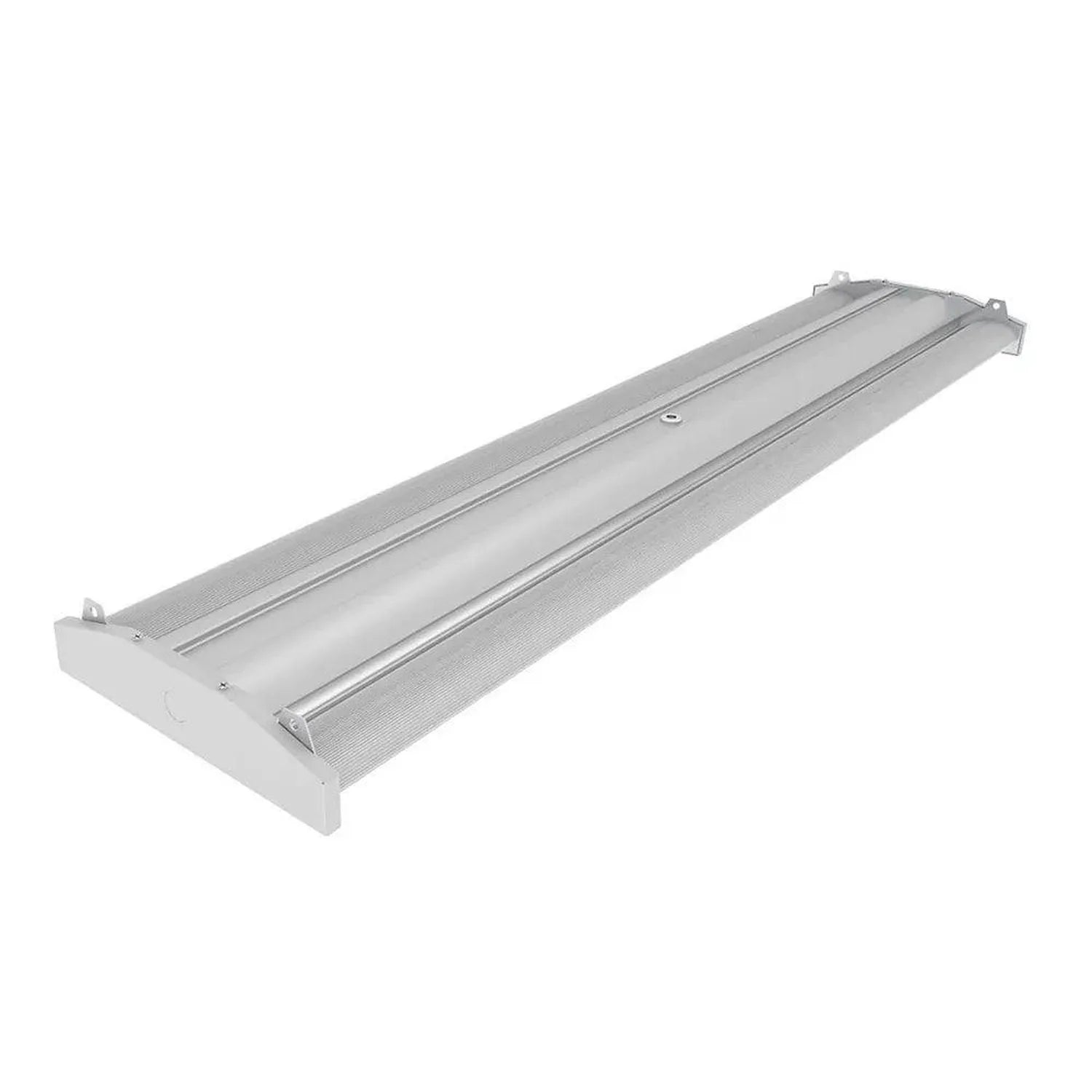 Linear LED high bay light fixture with white housing and aluminum reflector, angled product view on white background.
