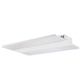White rectangular LED high bay light fixture mounted against white background, showing angular design with ribbed upper panel