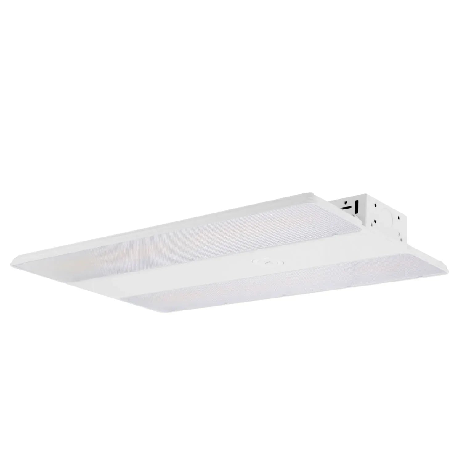 White rectangular LED high bay light fixture mounted against white background, showing angular design with ribbed upper panel
