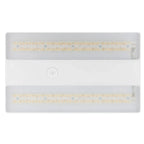 Top-down view of white rectangular LED high bay fixture with dual linear light modules and center power button.