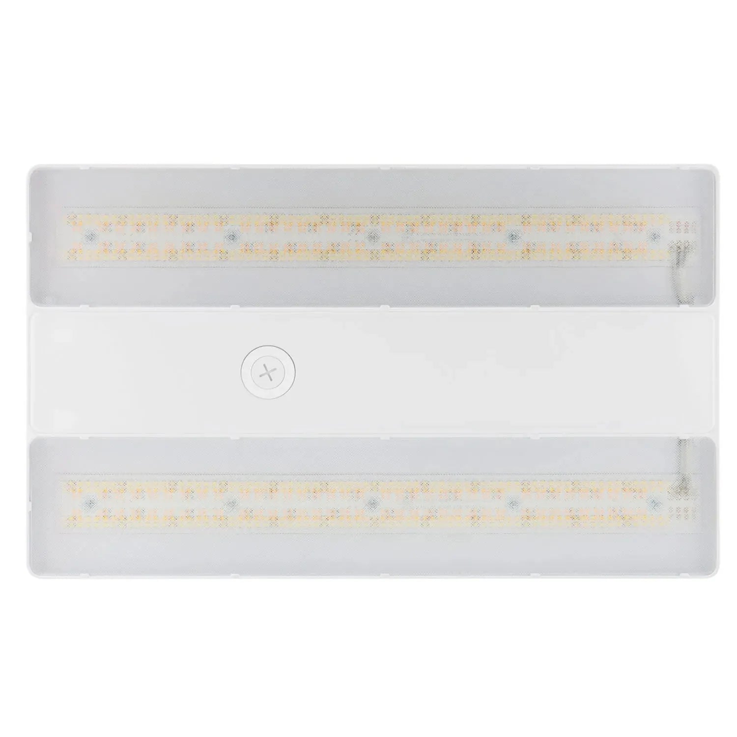 Top-down view of white rectangular LED high bay fixture with dual linear light modules and center power button.