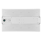 Top-down view of white rectangular LED high bay light fixture with control panel and mounting hardware visible.